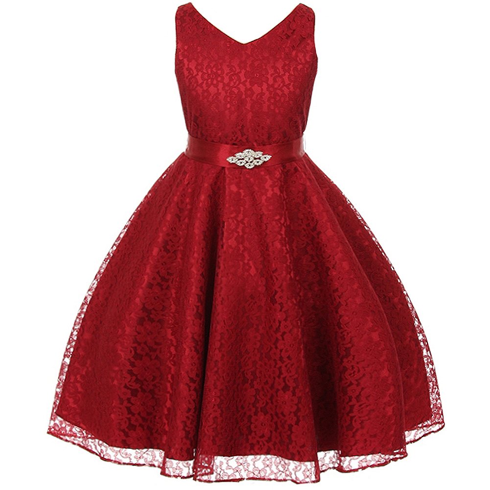 CrunchyCucumber Full Lace V-Neck Dress Satin Sash Rhinestone Brooch Girl Dress