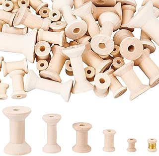 BENECREAT 74Pcs 5 Size Wooden Empty Spools, Wood Sewing Embroidery Thread Spool Wooden Ribbon Spools Bobbins for Wire Weaving Arts DIY Wood Projects