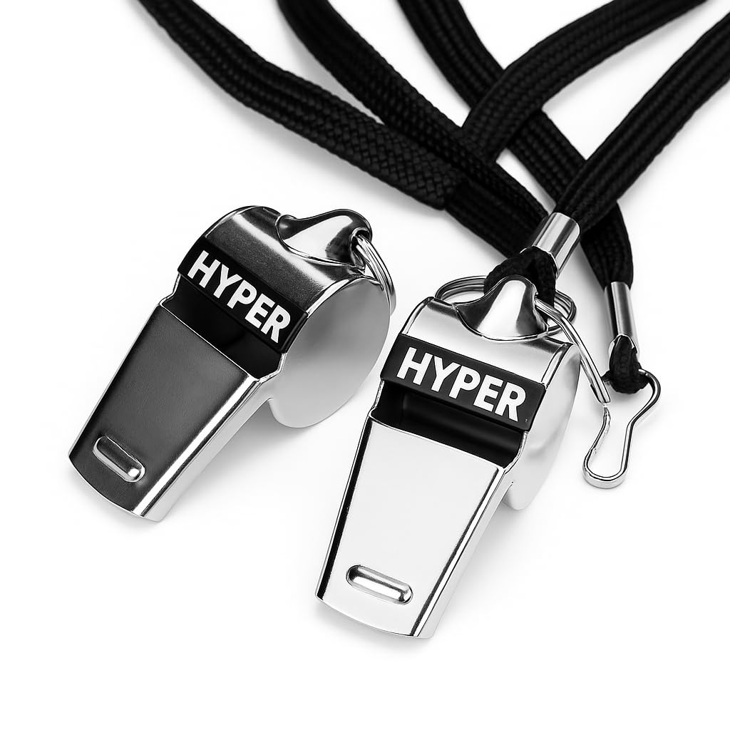 HyperSteel Stainless Steel Whistle Set (2 Pack) – Super Loud Sound – Survival, Emergency, Coaching, Referee, Dog Training – Includes Lanyards – Metal Whistles for Sports & Outdoor Use.