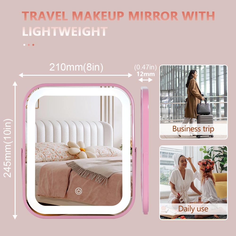 YEKKOPT Wiederaufladbarer Kosmetikspiegel mit Lichtern, LED-Make-up-Spiegel, 25,4 x 20,3 cm, beleuchteter Make-up-Spiegel mit Lichtern, Smart-Touch-Steuerung, dimmbar, 3 Modi, beleuchteter Spiegel für