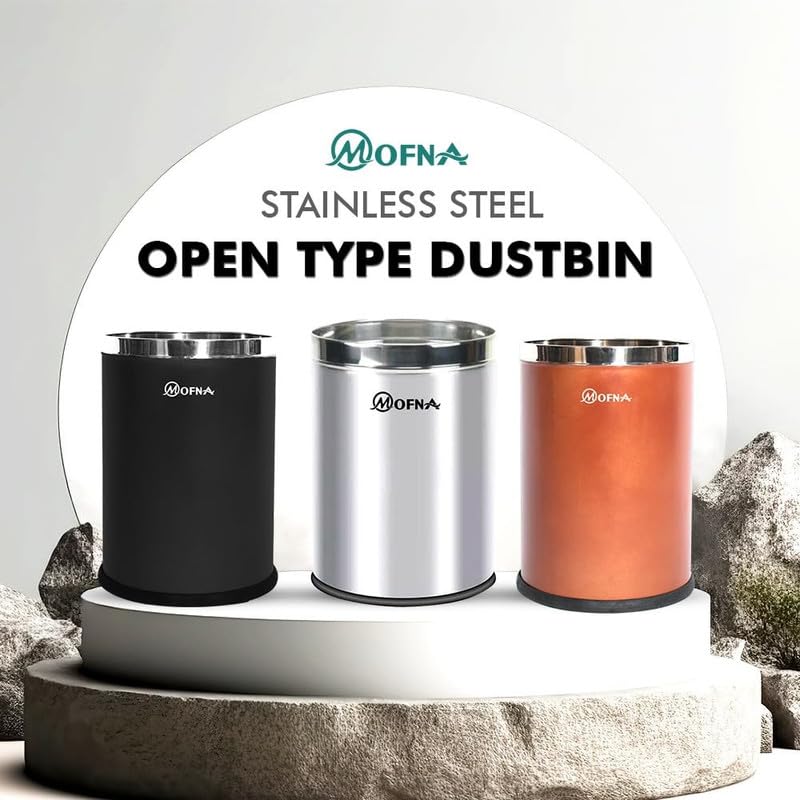 Image of mofna Stainless Steel Open Top Dustbin for Home - 18 L | Black Modern Trash Can with Anti-skid Base | Rustproof Garbage Bin | for Kitchen, Bathroom, Office & Commercial Use | 10 x 14 Inch