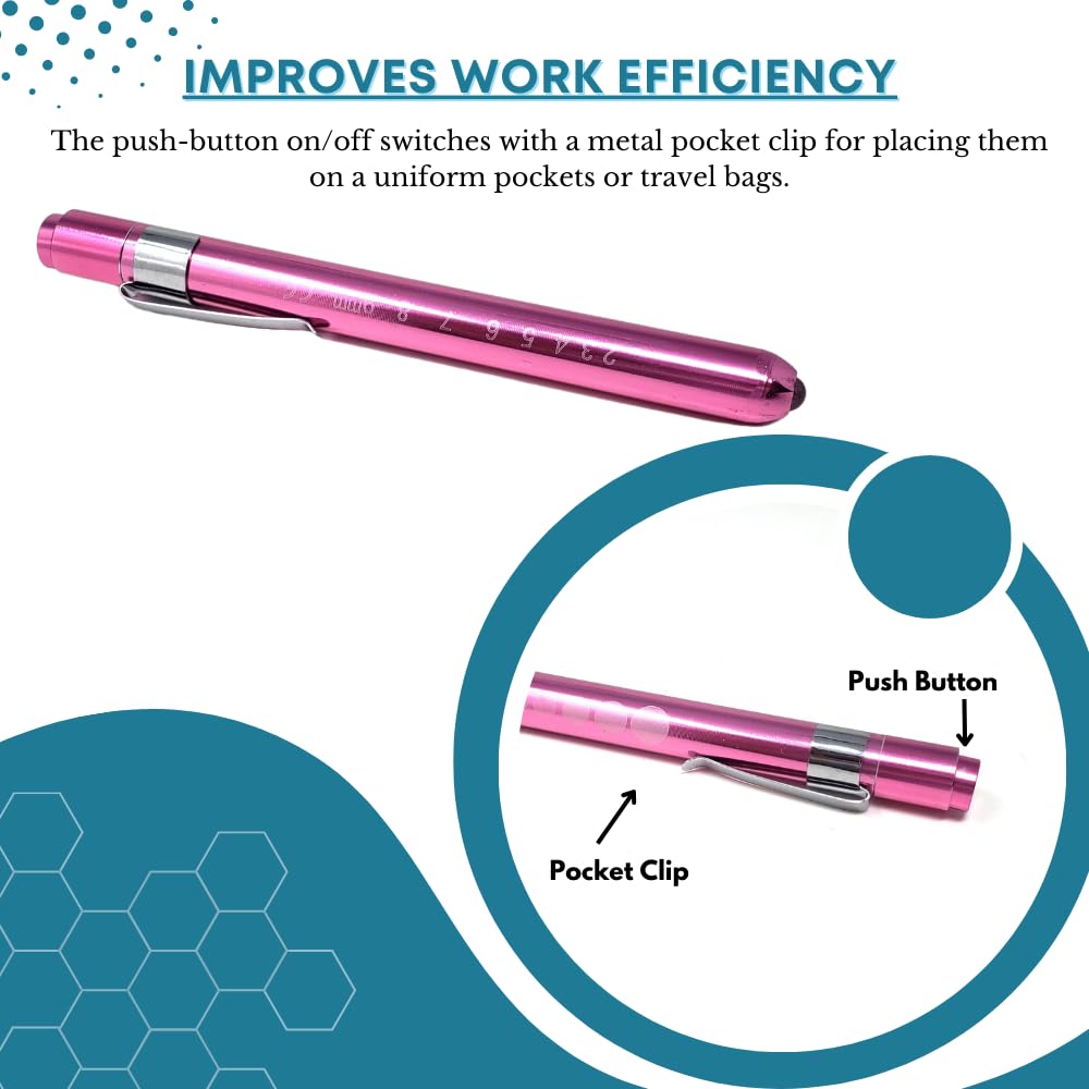 Diagnostic Penlight with Imprinted Pupil Gauge & Pocket Clip Multipurpose Aluminum Flashlight With Snellen Eye Chart Exam Reusable Medical Inspection Pen Light for Nurses, Students, EMT (Pink)