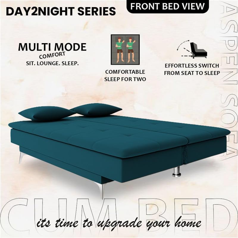 Image of Adorn India Premium New Aspen 3 Seater Sofa Cum Bed 4X6 Velvet Suede with 2 Cushions (Color Ocean Blue) and Suitable for All Indoor, with 3 Years Warranty