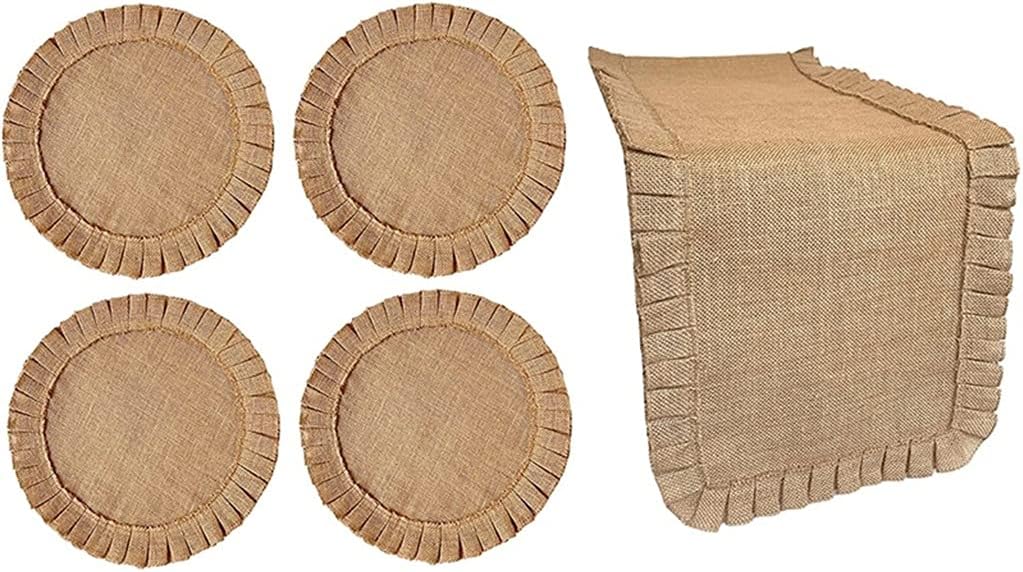 JSEIAJB Rustic Farmhouse Burlap Set. Natural Jute. Ruffled Design(1 Table Runner in 72 in Long + 4 Placemats in 15 in Diameter)