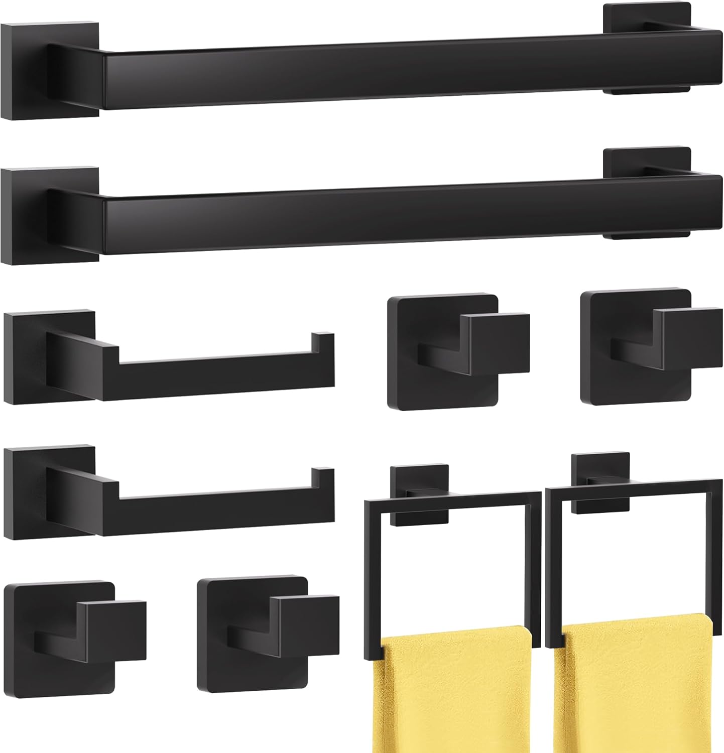 10 Pieces Bathroom Hardware Accessories Set Matte Black, 16Inch Bathroom Towel Rack Set SUS304 Stainless Steel, Square Bath Towel bar Set Heavy Duty, Wall Mounted
