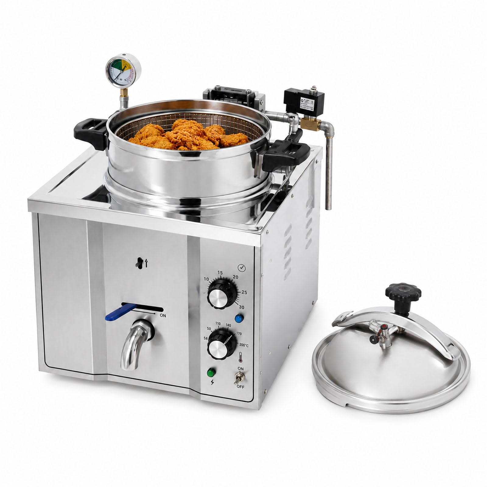 16l Gewerbliche Elektrische Druckfritteuse, 2,4 Kw Edelstahl-hähnchenfritteuse Mit 8 Psi Manometer, 50–200 °c Temperaturregelung, Timer Und Ölablass Für Restaurant Imbiss Catering