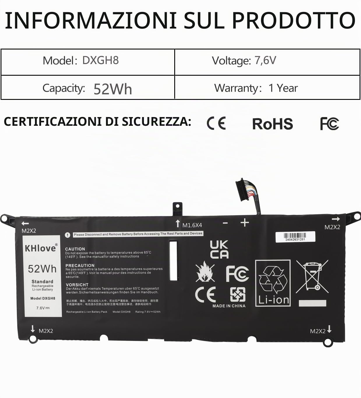 52Wh DXGH8 Laptop Batteria per Dell XPS 13 7930 9380 9370 13 7391 7390 2-in-1 7490 Latitude E3301 3301 Vostro 5391 5390 Serie P113G001 P82G P82G001 0H754V H754V 0H754V G8VCF HK6N5