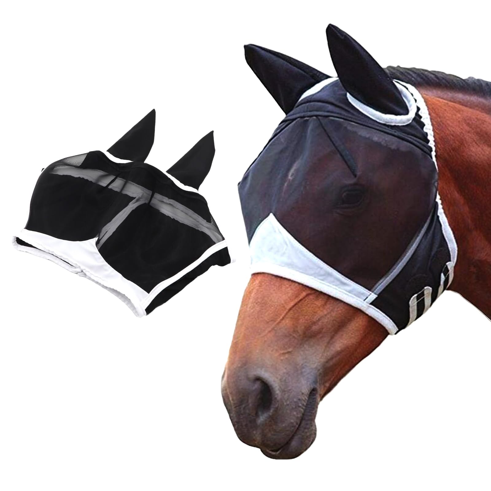 Gloryit Maschera Mosche Cavallo con Orecchie, Rete Traspirante Anti-UV, Antizanzare (M)