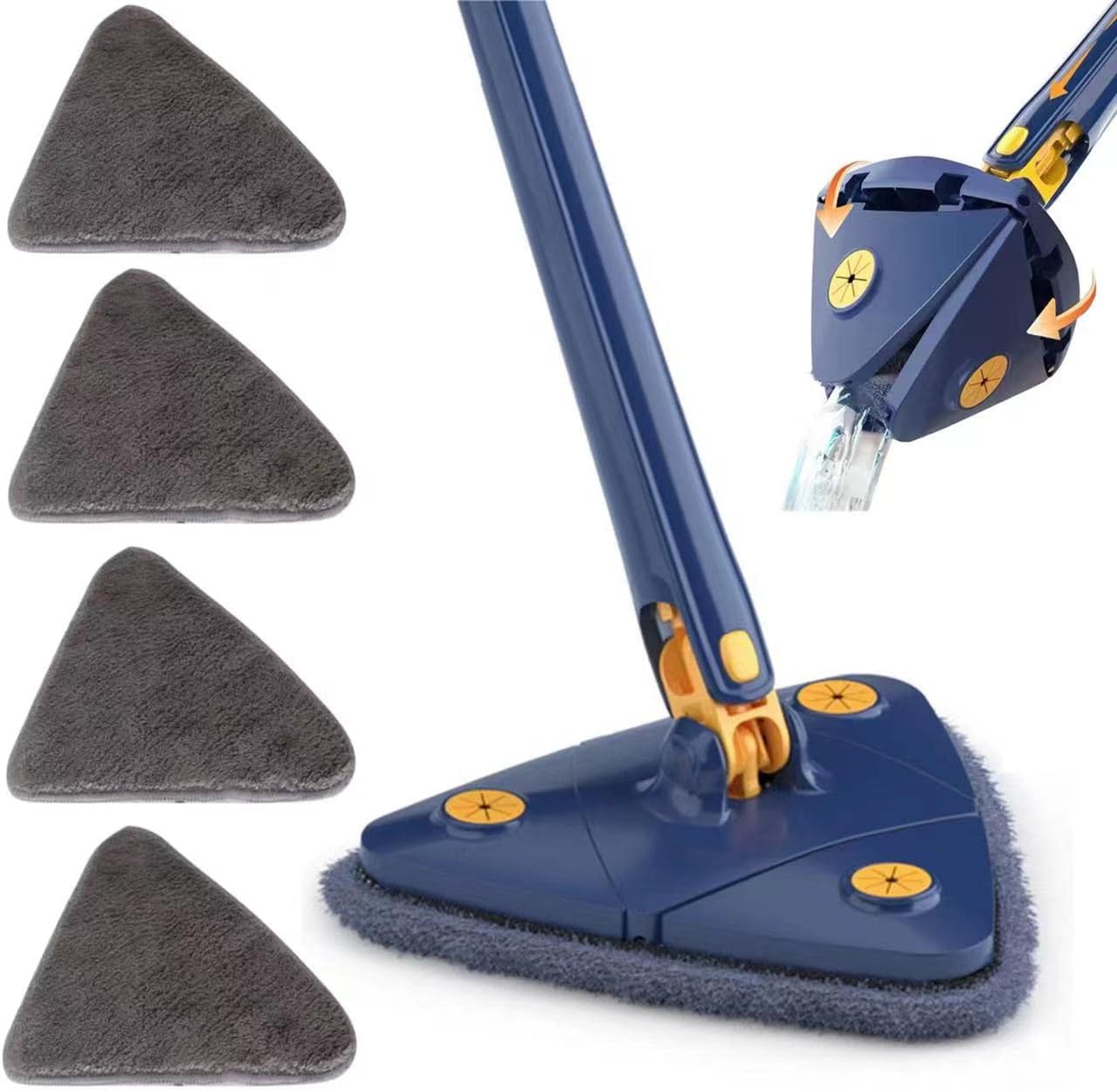 360 Degree Rotatable Adjustable Cleaning Mop,52.1'' Telescopic Triangular Mop with Automatic Water Squeezing Function for Floor Window Ceiling,with 4 Replacement Microfiber Pads (Blue)
