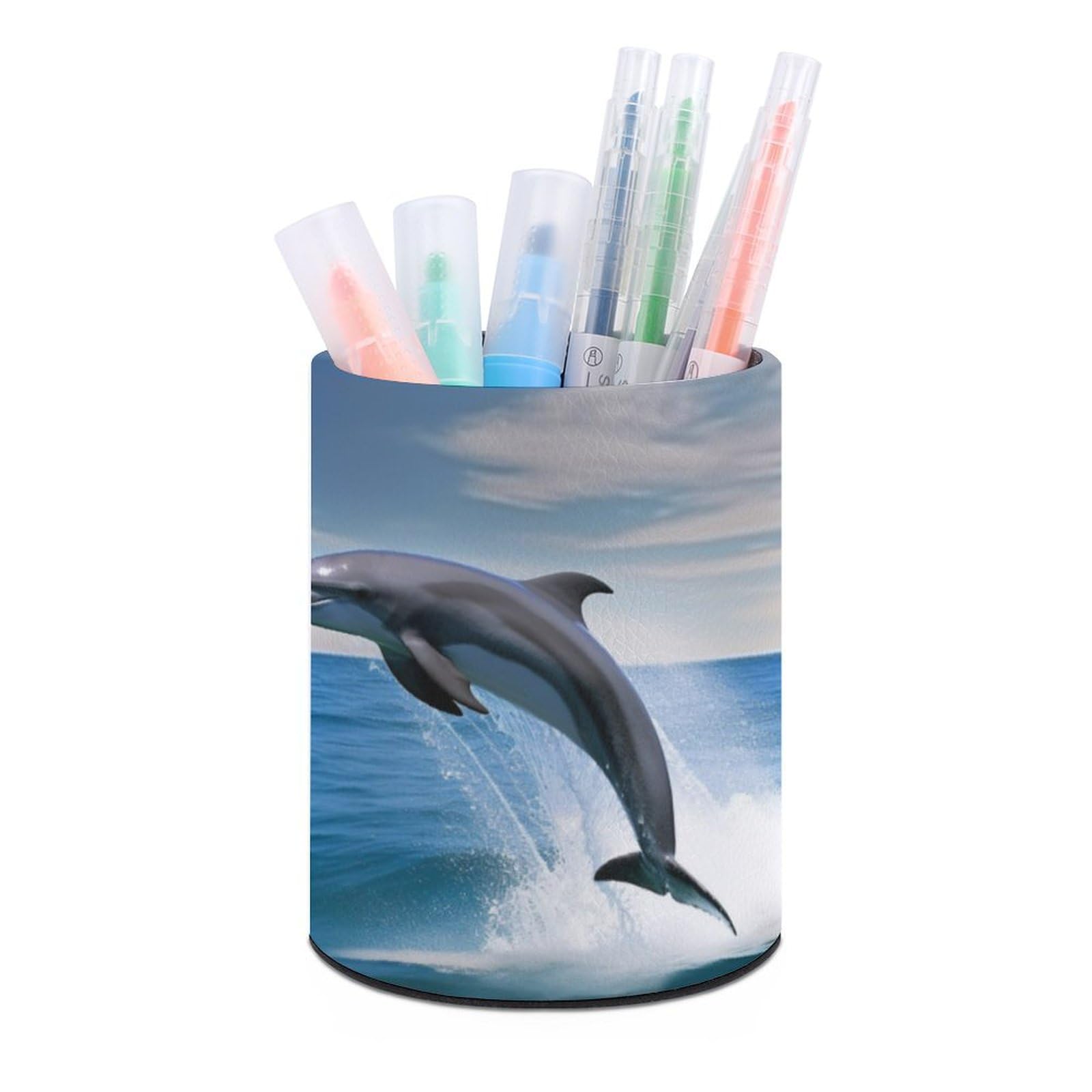 JTREHY Round Pen Holder,Jumping Up Dolphins Printed Makeup Brush Storage Box Desktop Stationery Storage Cup Office Accessories Storage Box Pencil Storage Box for Home Office Dressing Table