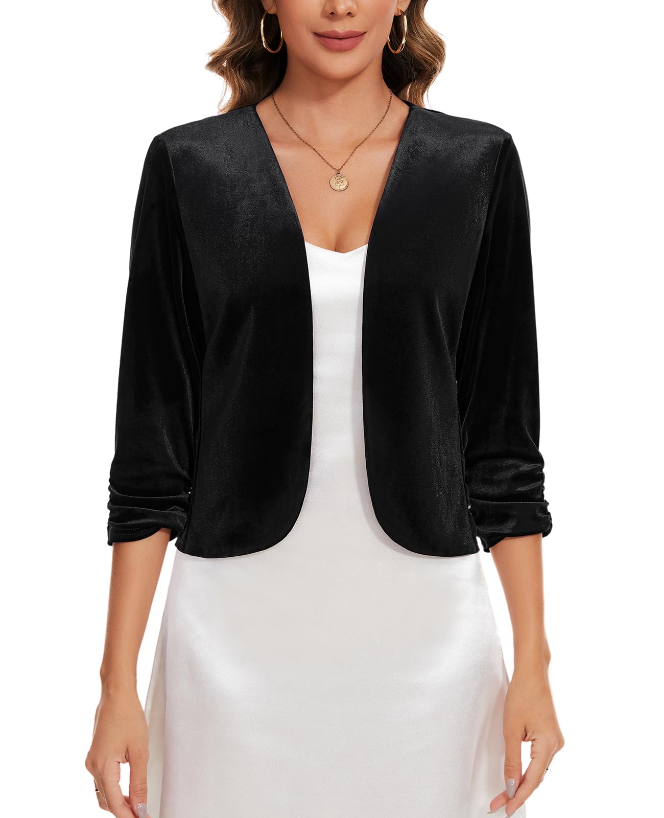 MINTLIMIT Velvet Blazers for Women 3/4 Ruched Sleeve Open Front Casual Work Office Cropped Cardigan Suit Jacket