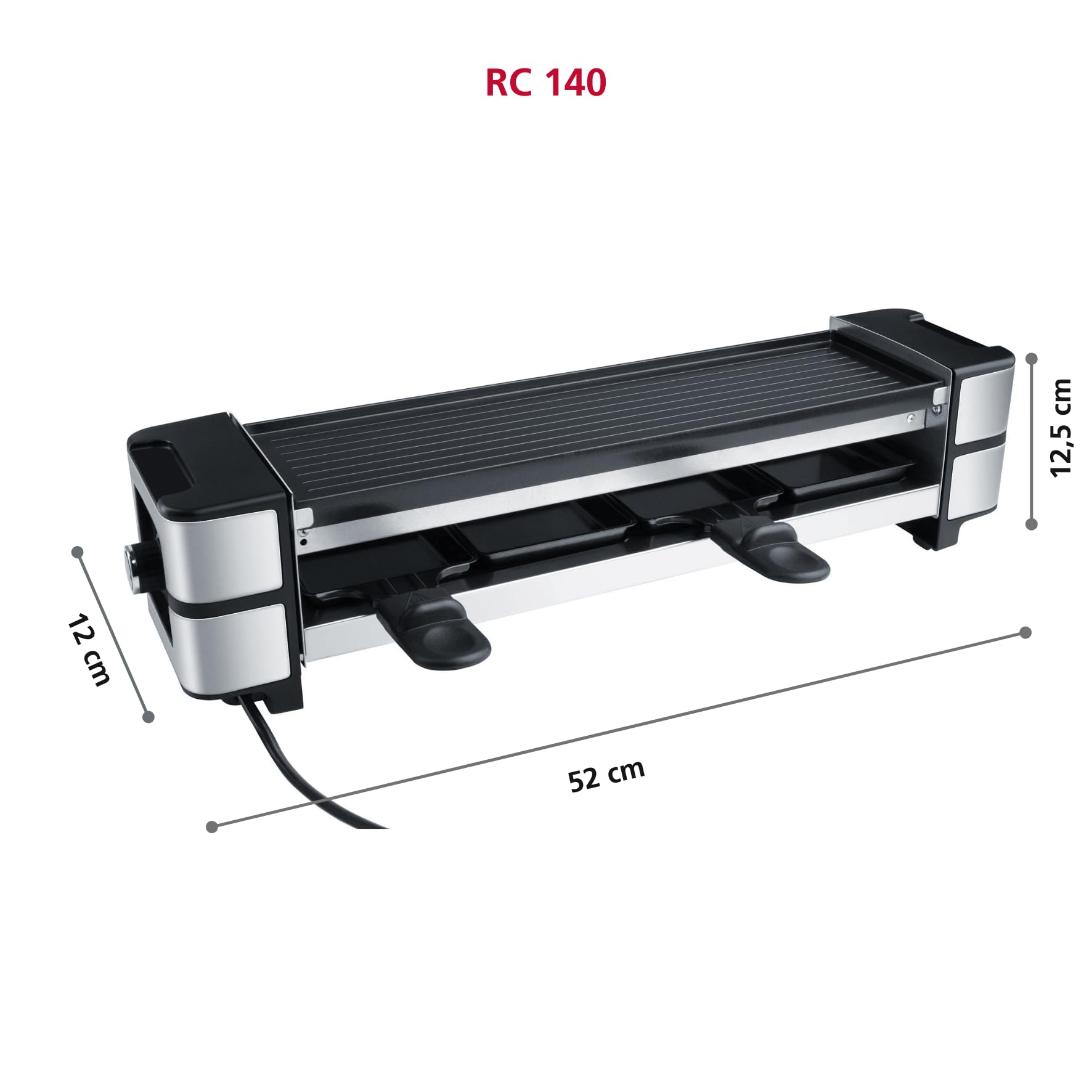 Steba RC 140 Guss-Raclette mit 4 Antihaft Pfännchen | PFAS-freie Keramikbeschichtung, Wendbare Grillplatte, Stufenloser Regler, 38,5 x 11 cm Grillfläche