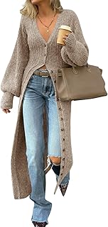 Womens Long Cardigans V Neck Button Down Chunky Knit Dusters Sweater Coa...