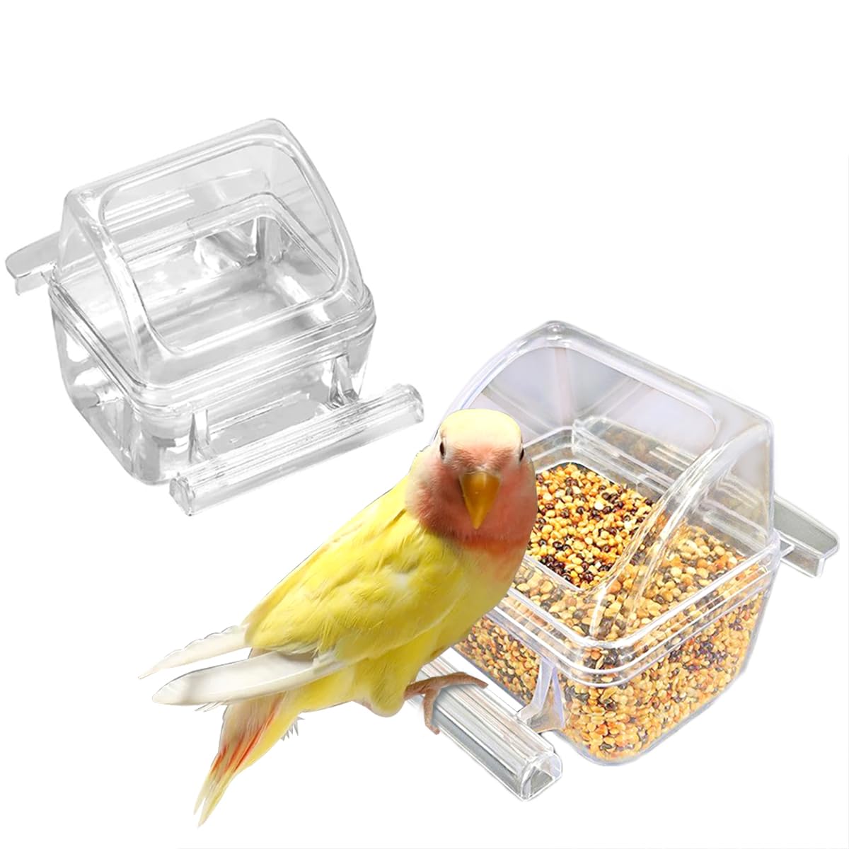 2 Pack Bird Feeder Bowl Clear Water Container Bird Cage Dish No Mess Parakeet Hanging Food Cup for Cage Plastic Parakeet Feeder with Perch