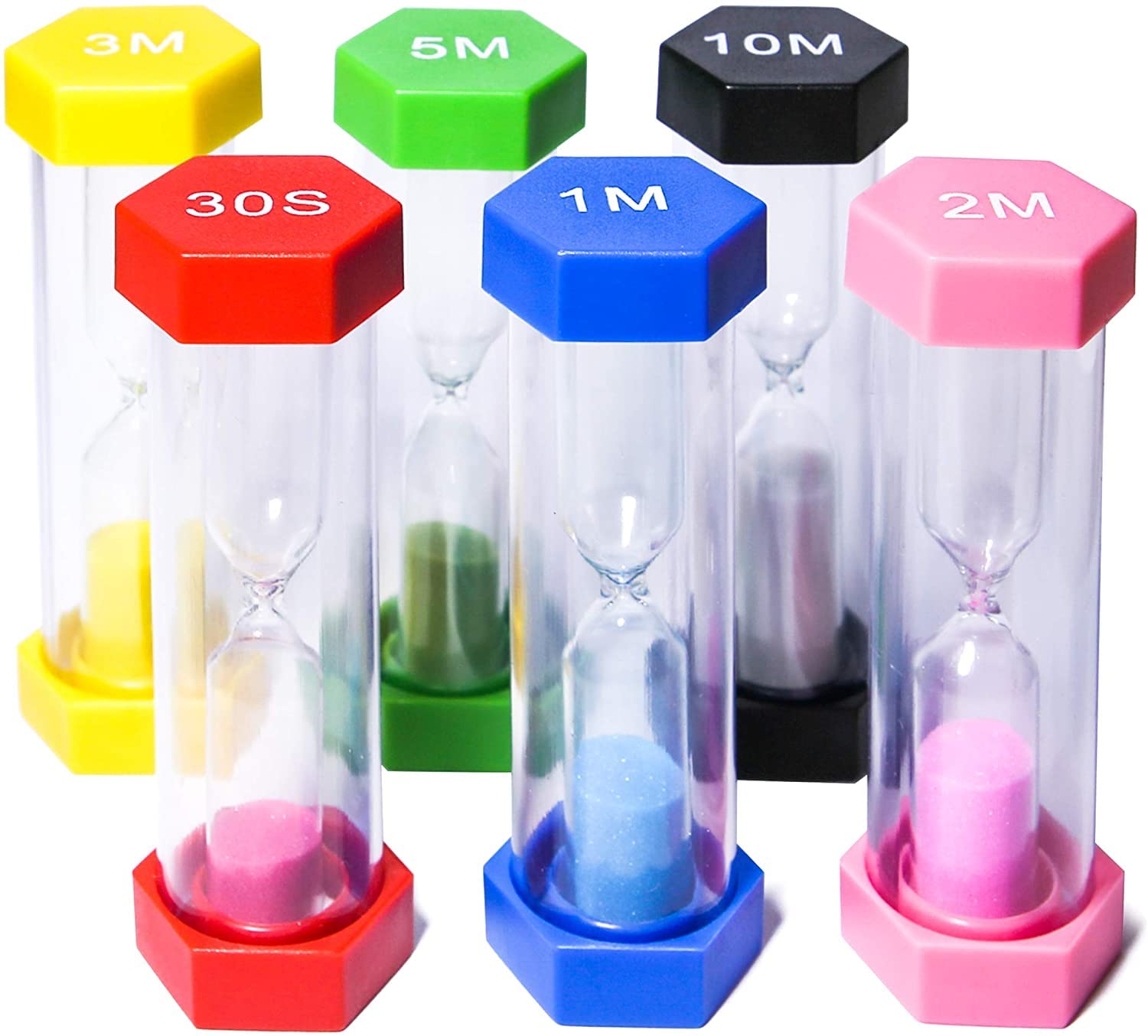 SYOSI Colorful Sand Timers Set Platic Sandglass Hourglass Sand Clock Timer 30sec/ 1min/ 2mins/ 3 Minutes/ 5 Minute/ 10mins for Kids Games Classroom Home Office Kitchen, 6 Pcs