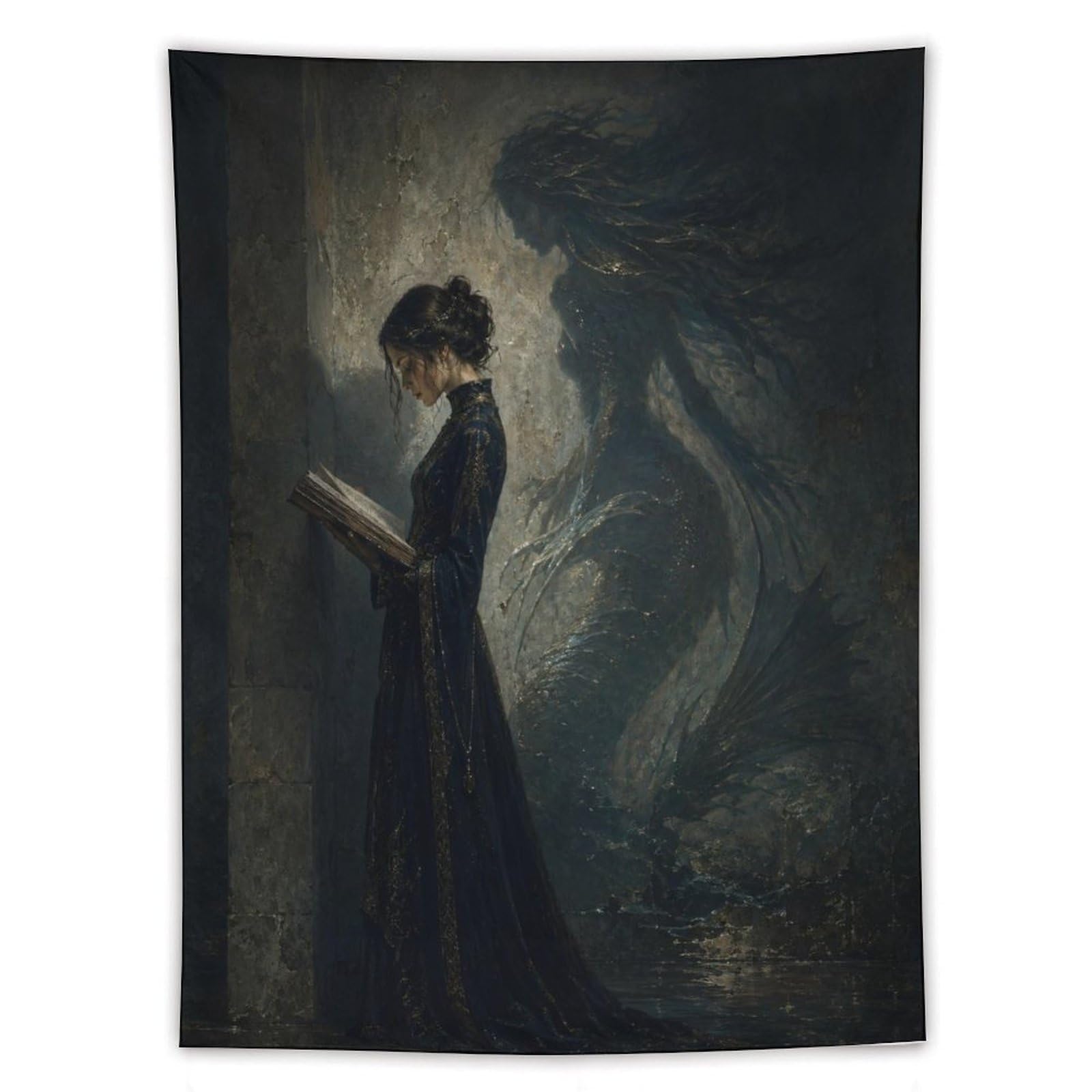 H3B8U2Y5 Woman Reading Dragon Shadow Wall Tapestry, Fantasy Illustration