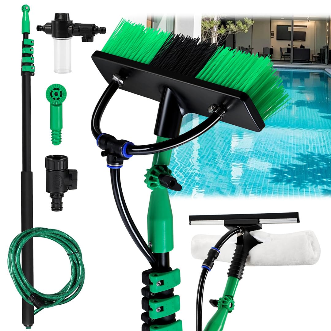 Brosse de lavage télescopique 3,6 m, avec manche télescopique en aluminium, brosse télescopique avec raccord d'eau, nettoyage des fenêtres et des installations PV, brosse télescopique, avec
