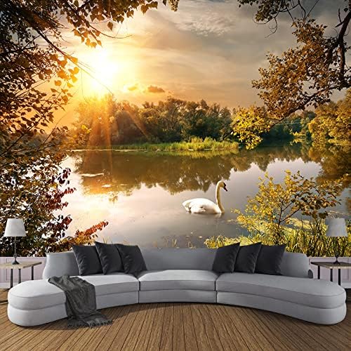 LJZCLOCK Swan Lake Wall Mural, Trees Wallpapers 3D Space Decor Paintings, Removable Wallpaper Peel and Stick, Self Adhesive Wallpaper for B