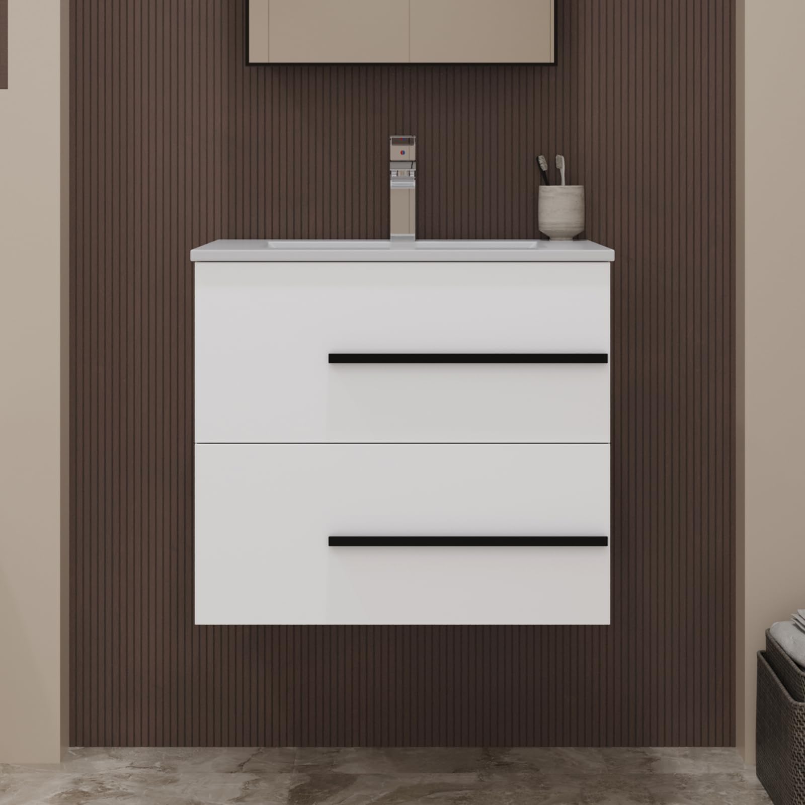 Waschbecken mit Unterschrank 60 cm breit, Waschbeckenunterschrank, Badmöbel Set für Gäste-WC, Hängender Waschtisch mit Keramikwaschbecken, Weiß Hochglanz Badmöbel mit 2 Soft-Close-Schubladen