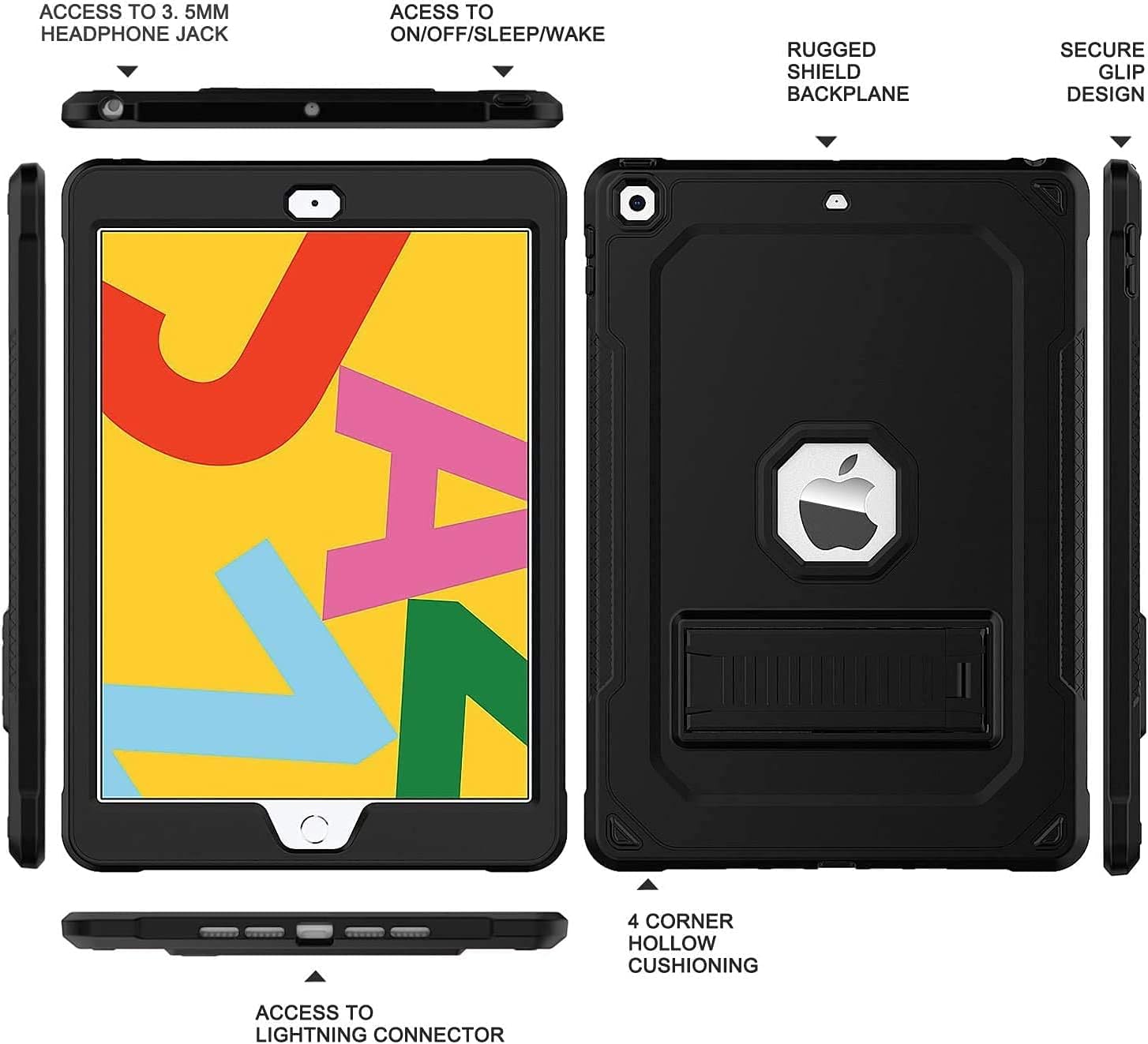 ZoneFoker for iPad 9th Generation Case, for iPad 8th/7th Gen 10.2 inch 2021/2020/2019 with Built-in Screen Protector/Stand, Shockproof Full-Body Hard i Pad 9 8 7 Cover for Men Boys Kids-Black