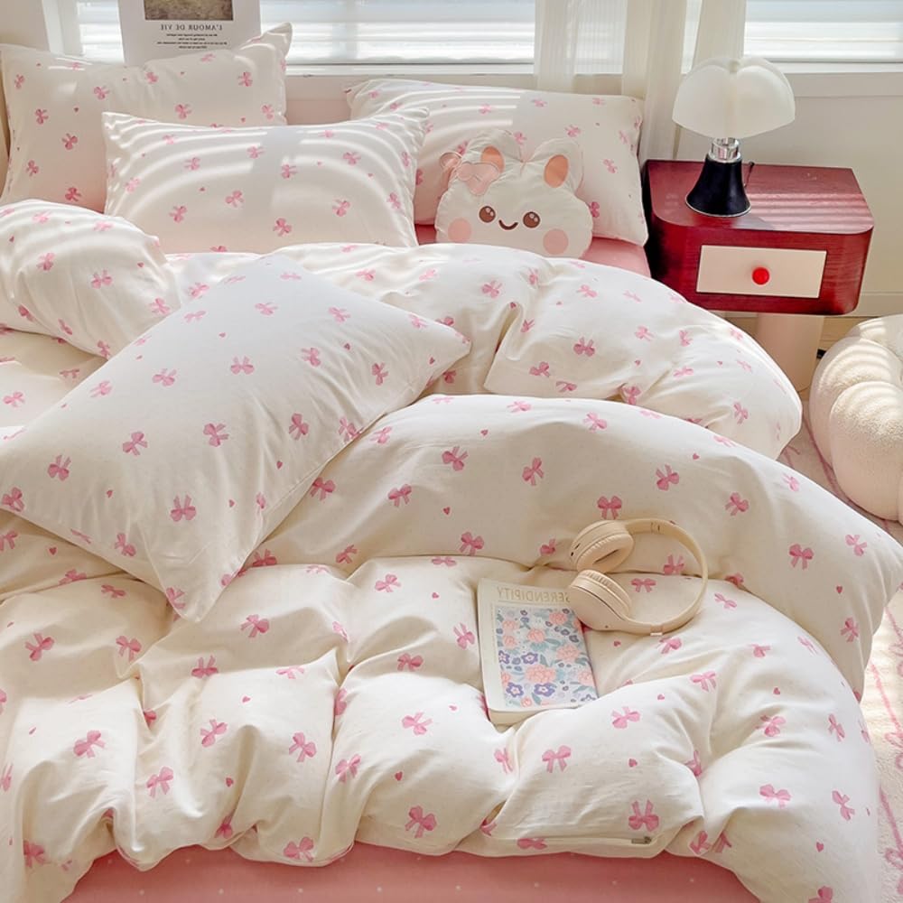 Nayoroom King Size Duvet Cover Sets Pink White Heart Bow Tie Kawaii Style Bedding Aesthetic Cute Bows Bowknot Girls Microfibre Comforter Quilt Cover 220x230 and 2 Pillowcases 50x75 cm Zipper Closure — image 1