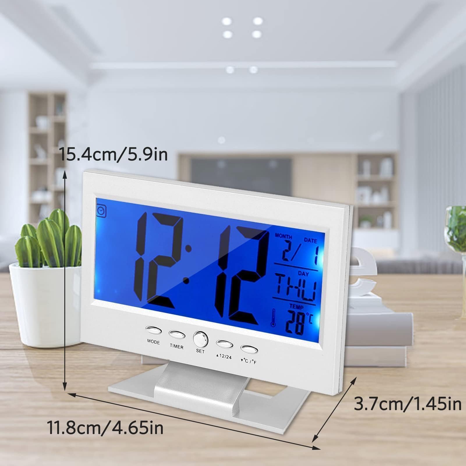 OQIMAX Projectiewekker, digitale wekker met projectie, digitale led-wekker met 7,9 inch led-display, snooze, 4 helderheidsniveaus, dimbaar, temperatuur, projectieklok voor slaapkamer, kantoor, huis
