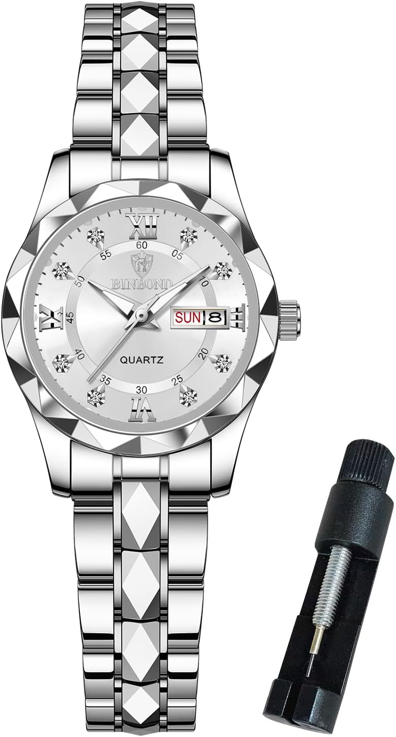 BINBOND Womens Watch Fashion Diamond Elegant Dress Date Ladies Small Wrist Watches for Women Two Tone Stainless Steel Waterproof Luminous