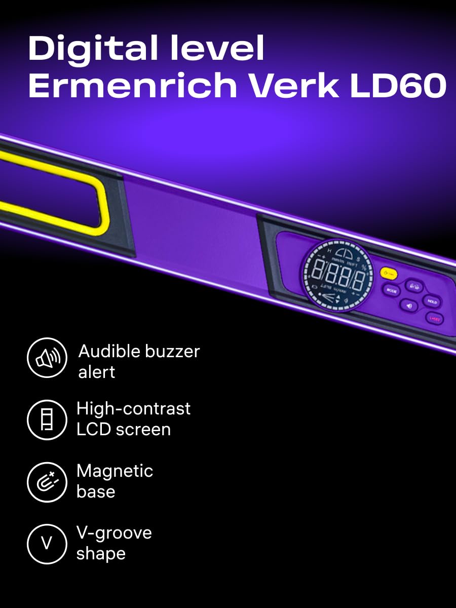 Verk LD60 Inclinometro Digitale, Livella a Bolla & Metro Laser | Strumento di Misura Angoli 3-in-1 con Laser a Croce Goniometro Elettronico Base Magnetica per Falegnameria e Fai da Te