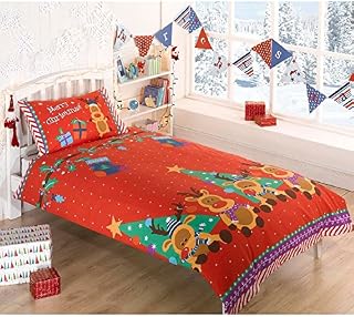 Rudolph Reindeer Presents Stars Christmas Kids Junior Quilt Duvet Cover and Pillowcase Toddlers Bedding Bed Set, Red