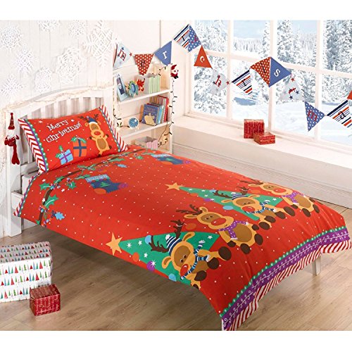 Rudolph Reindeer Christmas Kids Presents Stars Quilt Duvet Cover and 2 Pillowcase Bedding Bed Set, Red, Double