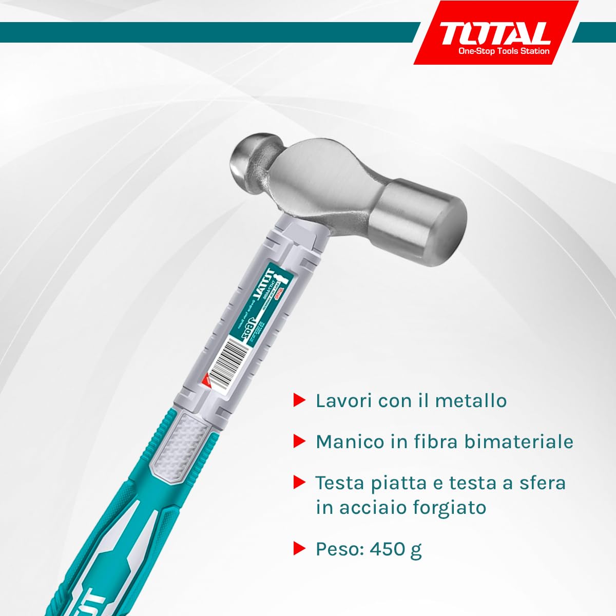 TOTAL - Martello a Sfera - Testa in Acciaio Forgiato - Manico Ergonomico in Fibra - Utensile Meccanico - Ideale per Colpi Precisi - 450 gr