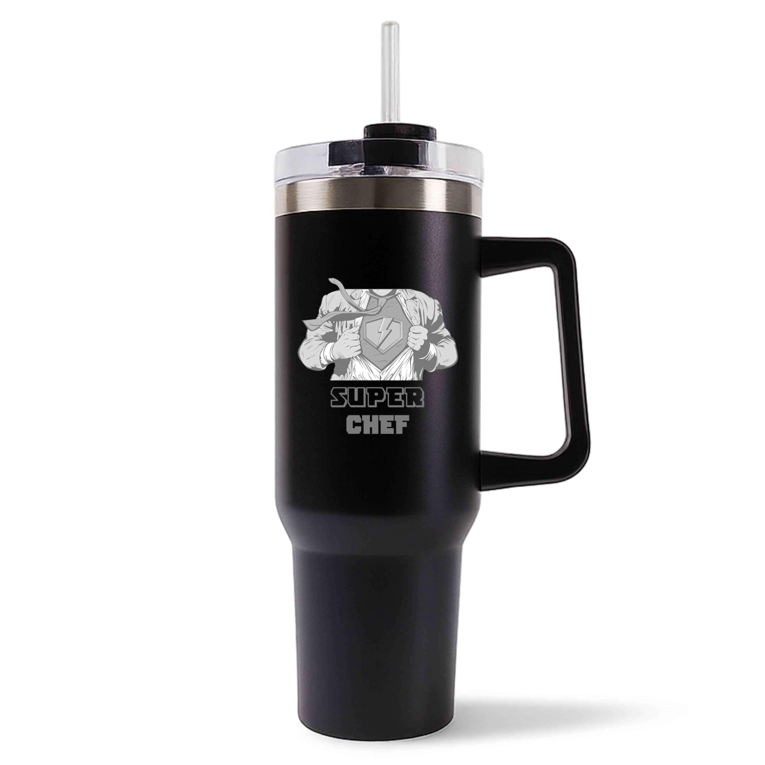 Planetee Mug Isotherme 1,2L - Super CHEF Noir – Bouteille avec Anse, Paille et Couvercle – Idée Cadeau Gourde Personnalisée