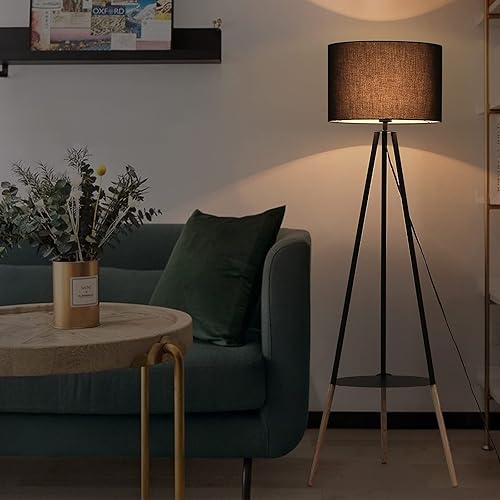 Miniatura 7 de Moderna lámpara de pie trípode con mesa adjunta, trípode de madera de mediados de siglo con pantalla de tela negra de 59 pulgadas, iluminación