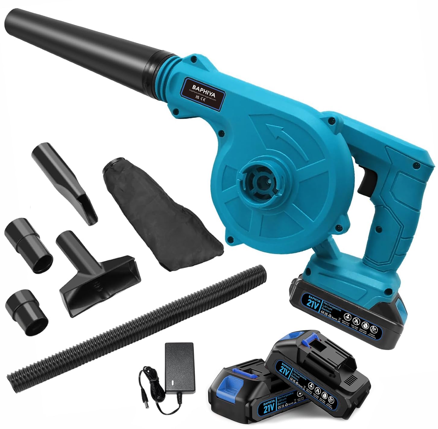 BAPHIYA Leaf Blower Cordless with 2 Batteries and Charger, 21V Handle Electric Blower Vacuum Combo, Stepless Speed Control, Mini Leaf Blowers Lawn Care, Patio, Garages, Dust, Snow Blowing, Pet