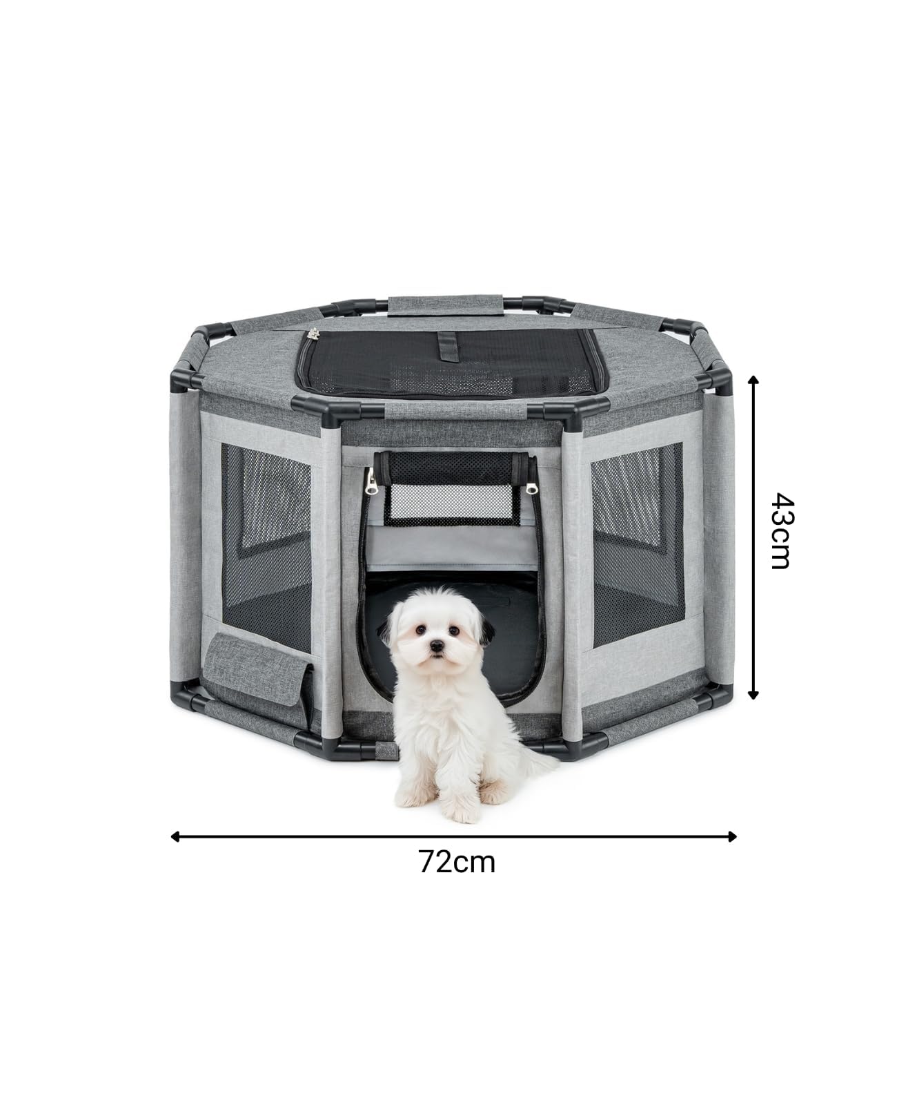 lionto Parque para Perros en Tela Oxford, Malla Transpirable, con Cremallera y Bolsillo Lateral, Estructura de Tubos PVC, Jaula Octogonal para Perros y Gatos, 72x72x43 cm, Gris