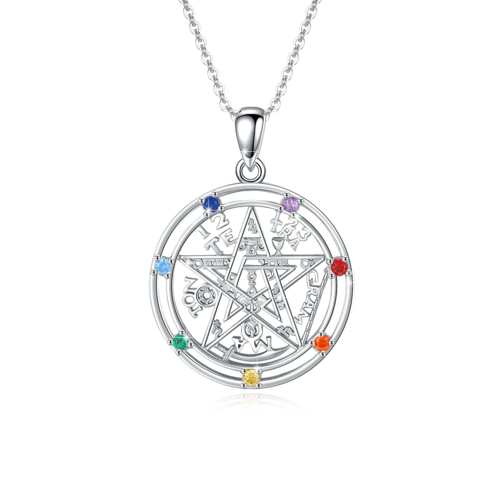 Tetragrammaton - Collar de plata de ley con colgante de pentagrama de 7 chakras, collar pagano, joyería pagana, regalo para mujer, Plata esterlina