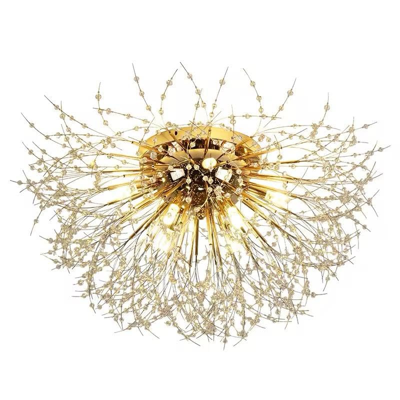 Image of Modern Crystal Flush Mount Chandelier - Luxury Gold Starburst Ceiling Light for Bedroom, Living Room & Hallway| 30cm