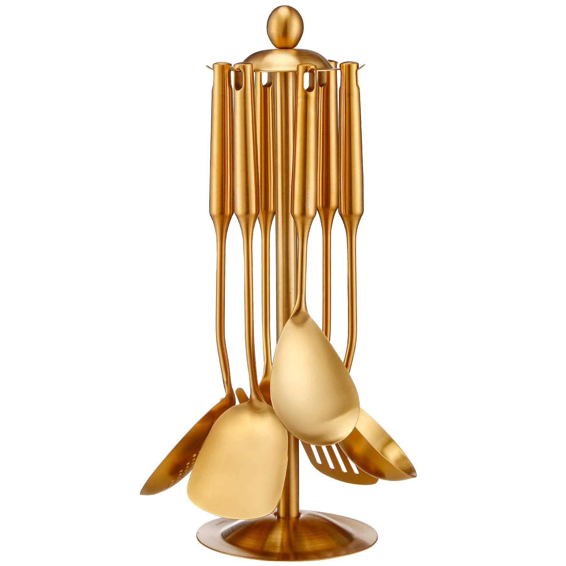 Gold Kitchen Utensils Set with Stand – 7 Piece 304 Stainless Steel Brass Cooking Tools with Rotating Holder, Spatula, Slotted Turner, Ladle, Skimmer, Pasta Server, Large Rice Spoon