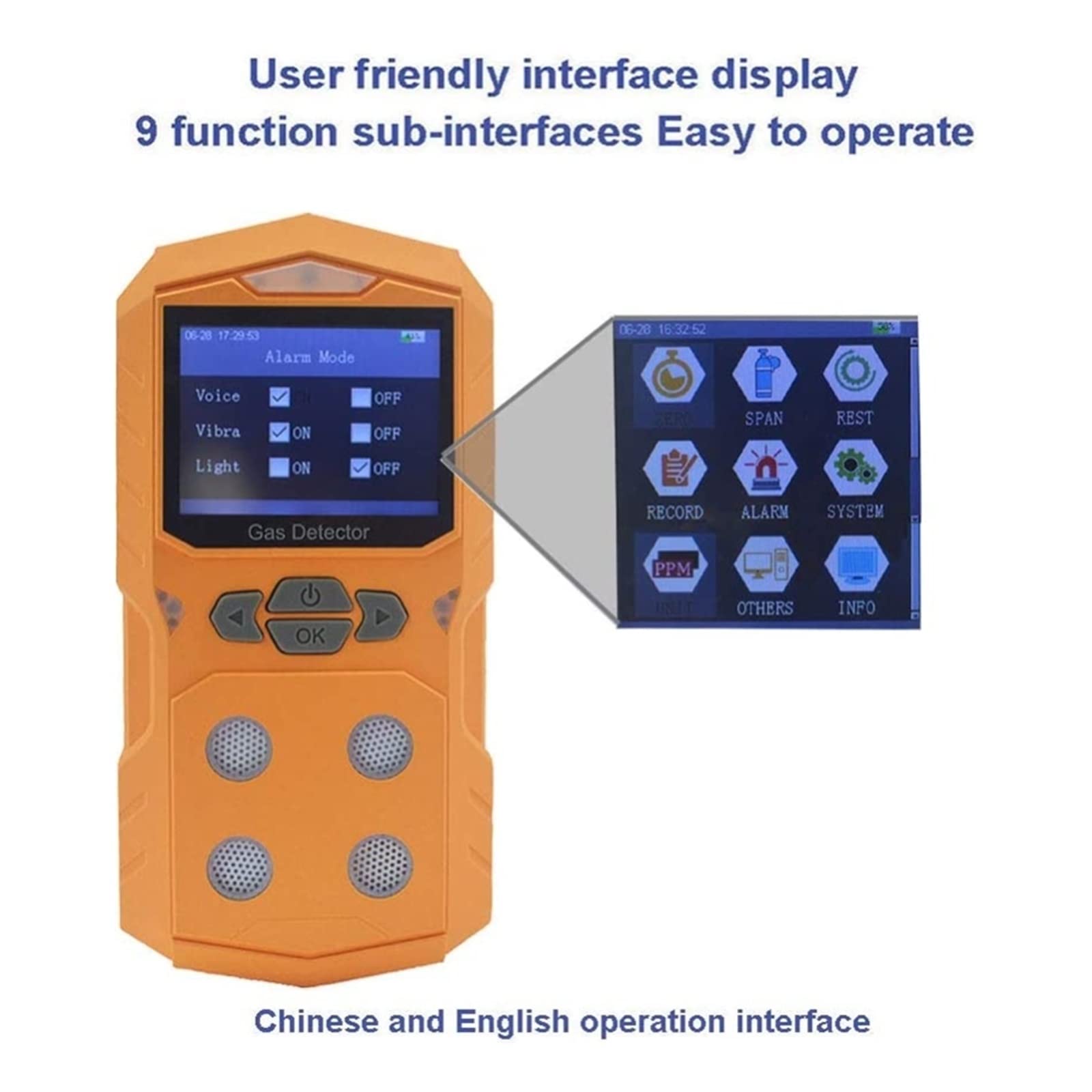 Détecteur de gaz 4 en 1 Analyseur Portable Moniteur Multi-gaz Écran Couleur avec Batterie Rechargeable Graphique Alarme Lumineuse sonore Tests précis(Giallo)