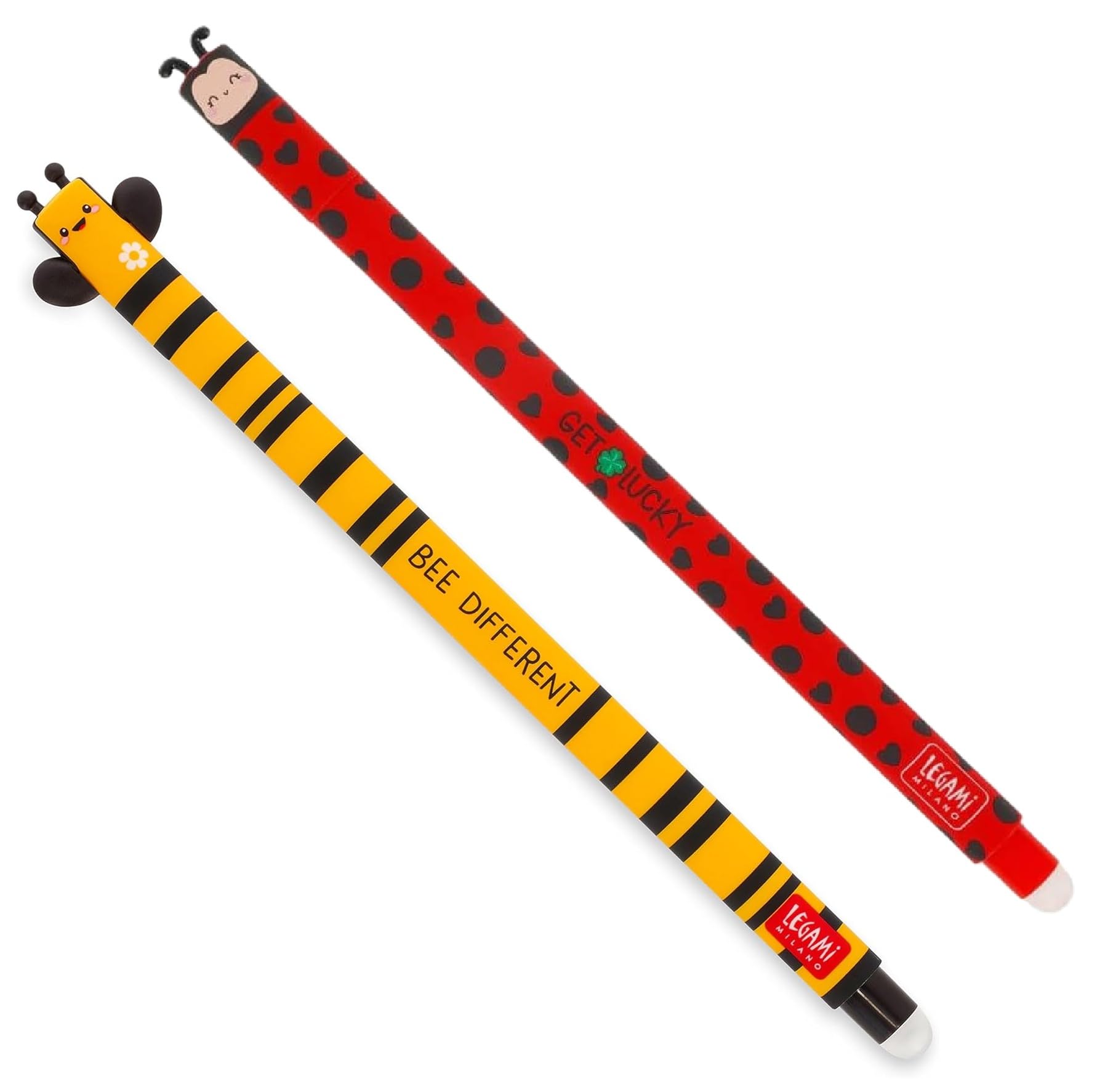 LEGAMI - Set de 2 bolígrafos de gel con gomas de borrar, motivos de mariquita y abeja, esfera en la punta para remover la tinta, Negro y Rojo, sensible a la temperatura, diámetro de la punta de 0,7 mm