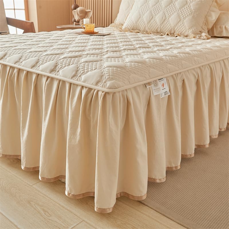 Plaid Quilted California King Size Ruffled Bedspread Set Washable Cotton Bed Coverlet and 2 Pillowcases, Champagne