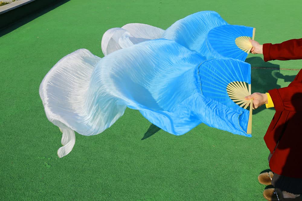 FOSER 1 Pair 1.8M Silk Belly Dance Fan, National Dance Dancing Long Bamboo Fanuff08left Rightuff09 Gradual Blue