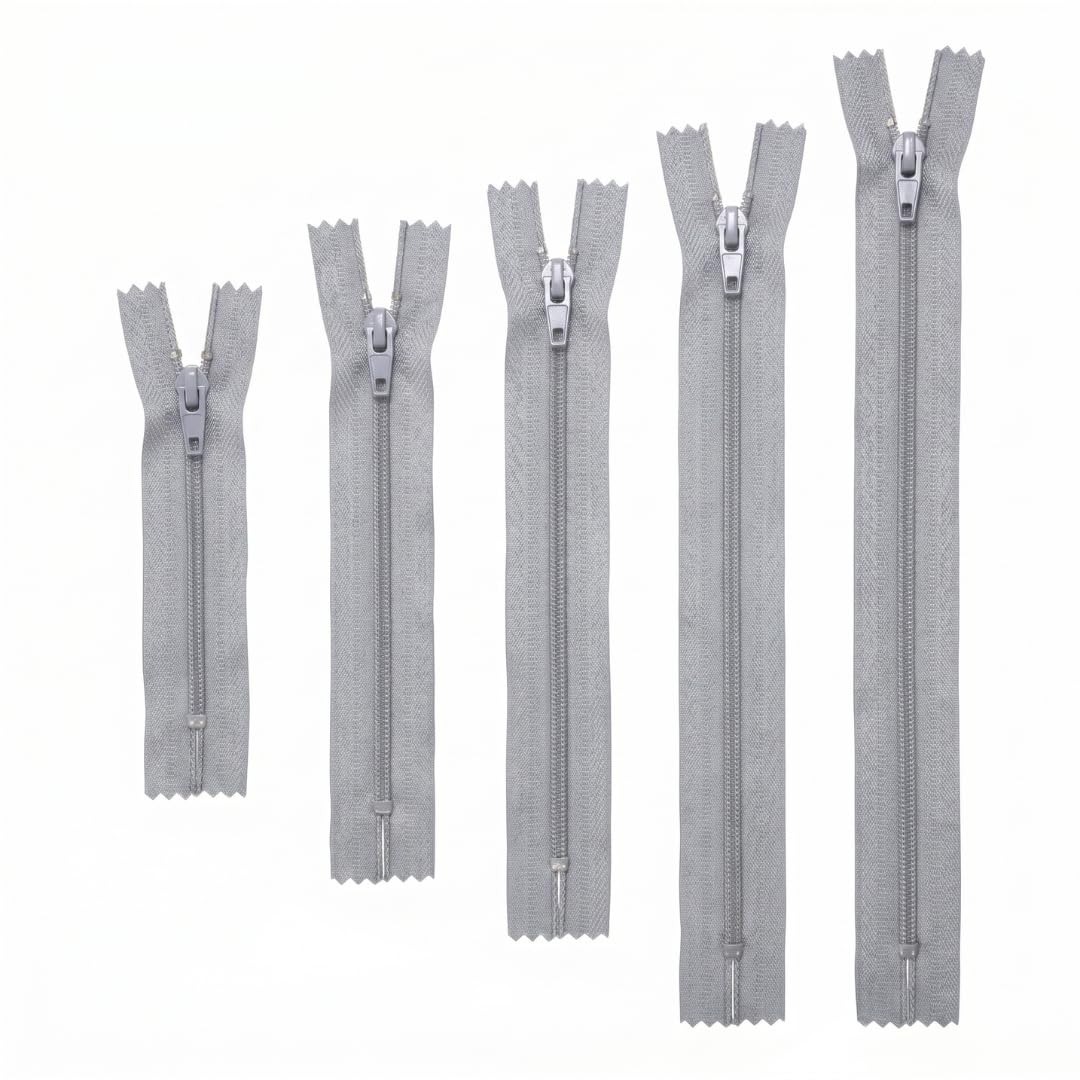 Trimz Grey Zip Essentials - 5 Autolock Zips in 5 Sizes (15cm, 20cm, 25cm, 30cm, 40cm) - Closed End Nylon Zips with 4mm Teeth for Dressmaking, Bags & Cushions