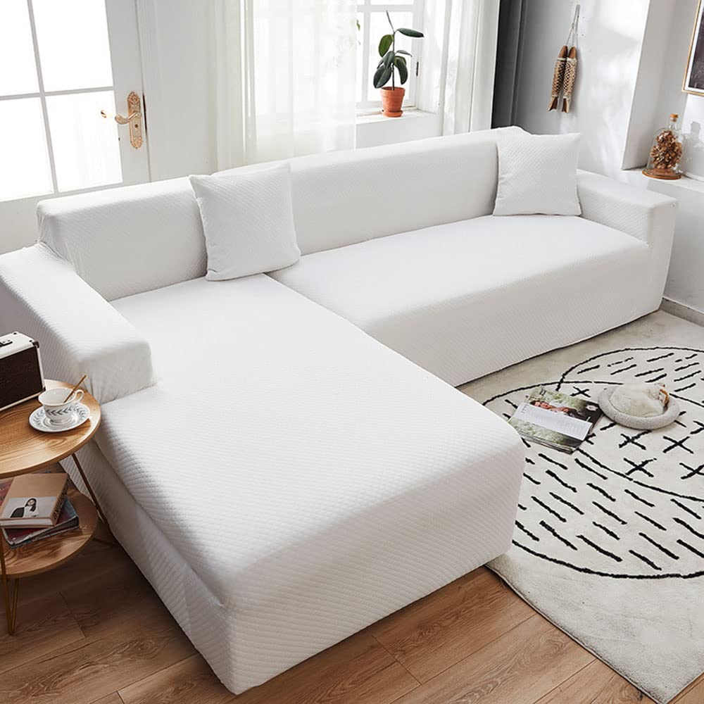 Housse de canapé d'angle jacquard extensible blanc anti glisse
