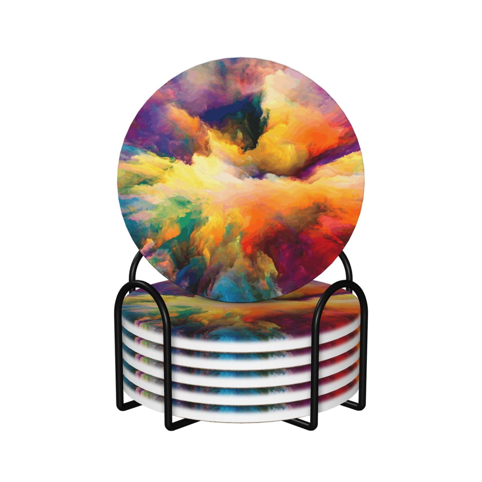 Yxdvpalne As Picture Multi Coloured Cloud Explosion,Round Ceramic Coasters, Mugs Pad, Cups Mat Set Of 6 Drinks Coasters With Holder