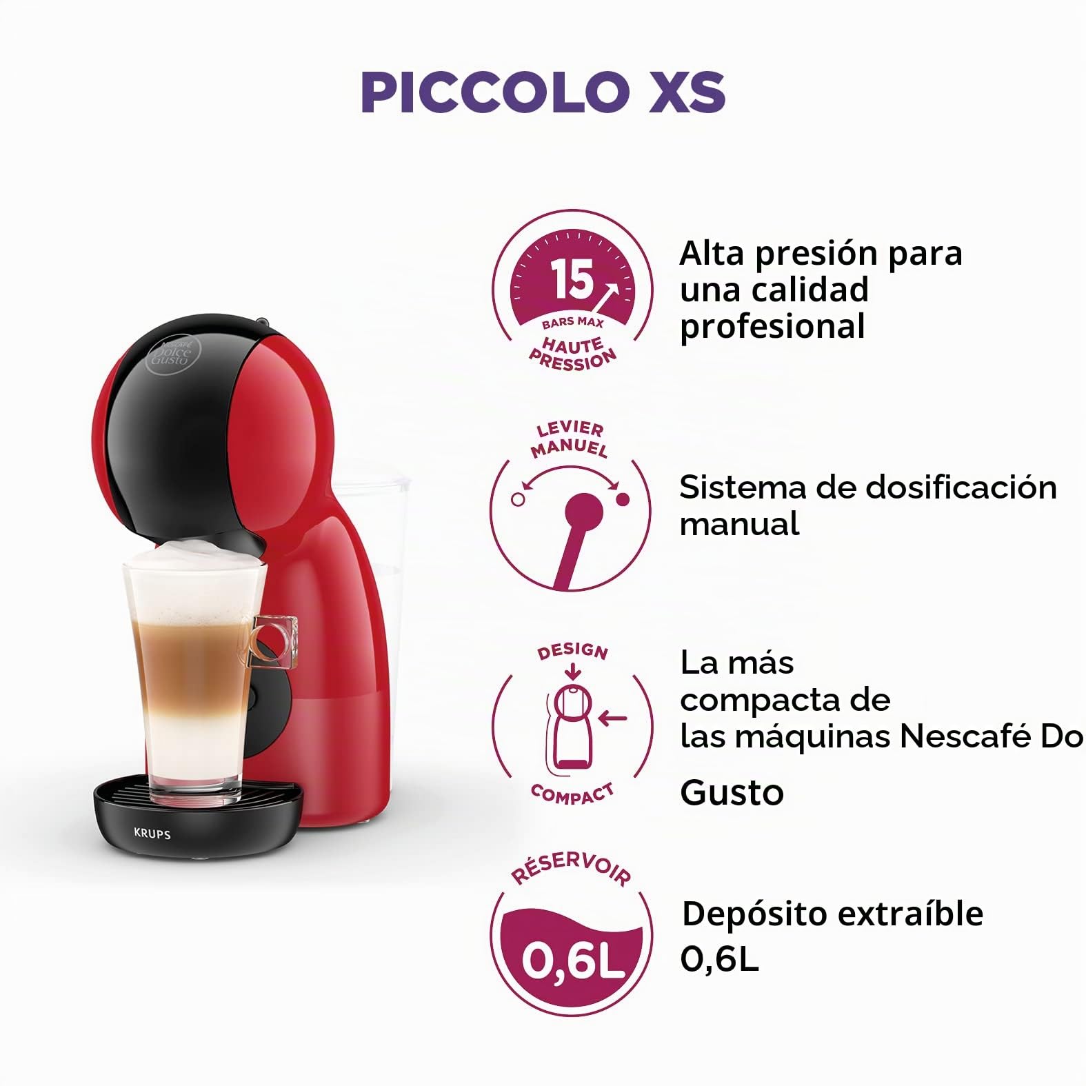 Krups Nescafé Dolce Gusto Máquina de café cápsulas, Presión 15 bar, Máquina de café cápsulas, Multi-bebidas frías o calientes, Intuitiva, Compacto, Modo eco, Piccolo XS Rojo KP1A3510