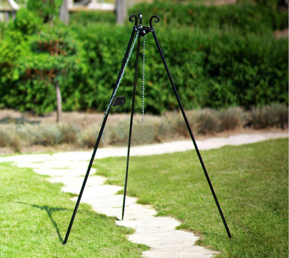 Barbecue suspendu 180 cm – Grille en acier inoxydable 50 cm + manivelle – Barbecue à trois pieds – Barbecue au charbon de bois