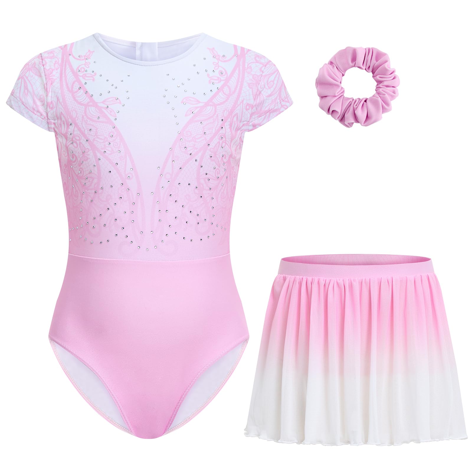 Gogokids Mädchen Gymnastik-Trikot-Set mit Rock， Kurzarm-Turnanzug mit funkelnden Strasssteinen & Print | 3-teiliges Tanz-Set für Ballett, Yoga, Auftritte| Größen 3-12 Jahre