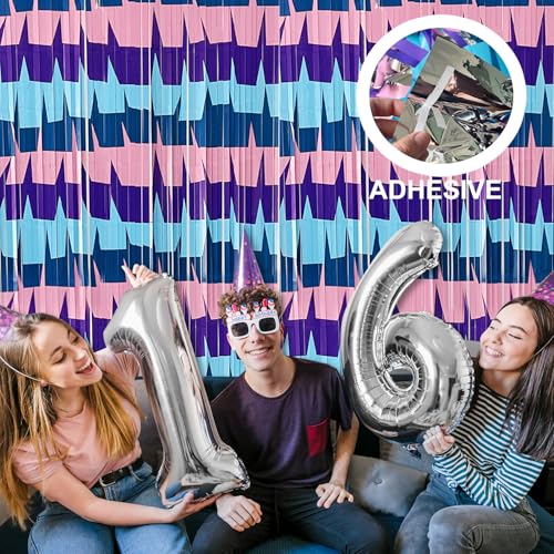 Image of Video Game Birthday Decorations Backdrops, 2 Pack Llama Blue and Purple Tinsel Foil Fringe Curtains Photo Booth Props Streamers for Gamer Fans Party Supplies Decor