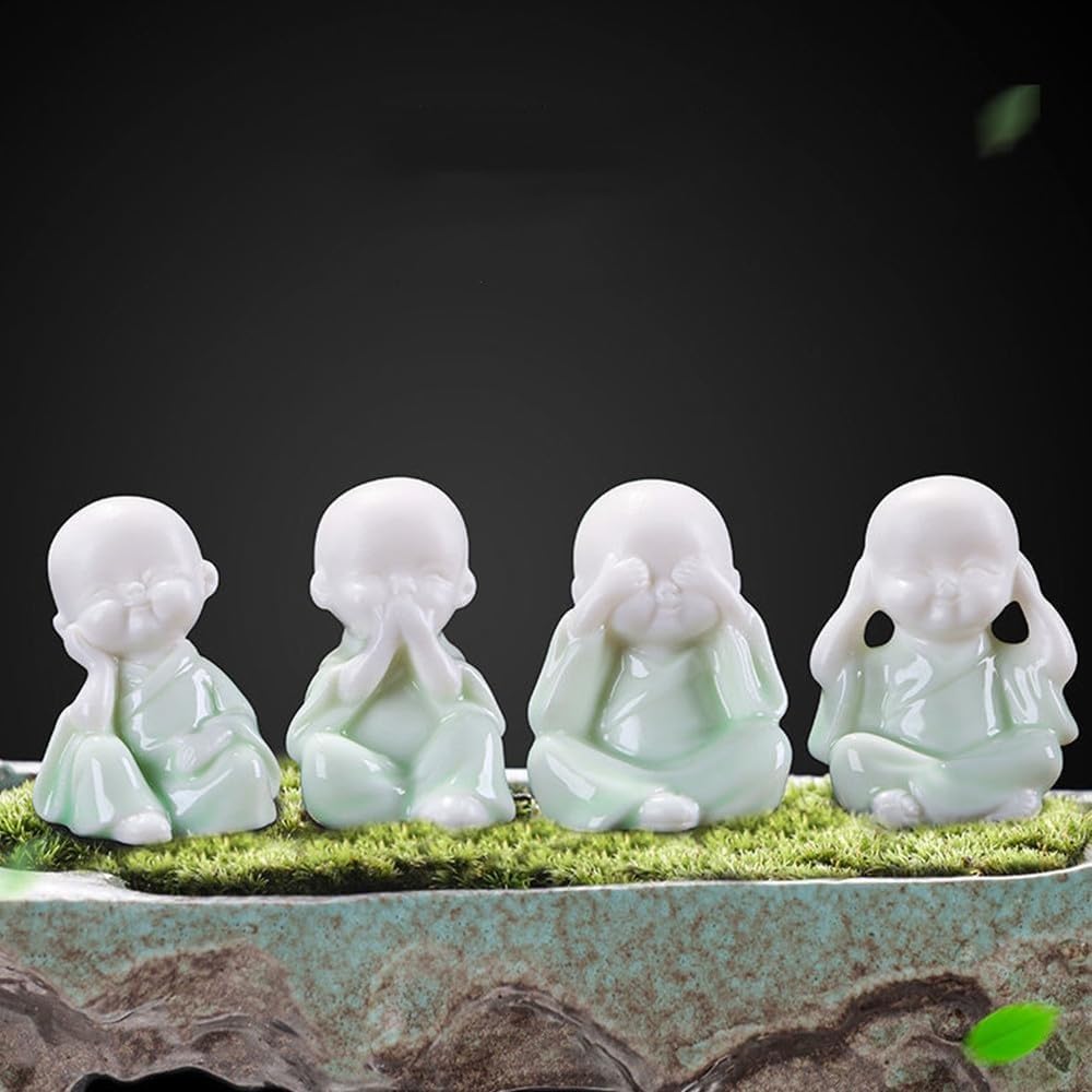 YUZDNM Set of 4 Chinese Buddha Monk Statues, Ceramic Hear See Speak Do No Evil Baby Monk Figures, Medition Little Zen Monk Statue, Collectable Gifts(#a)
